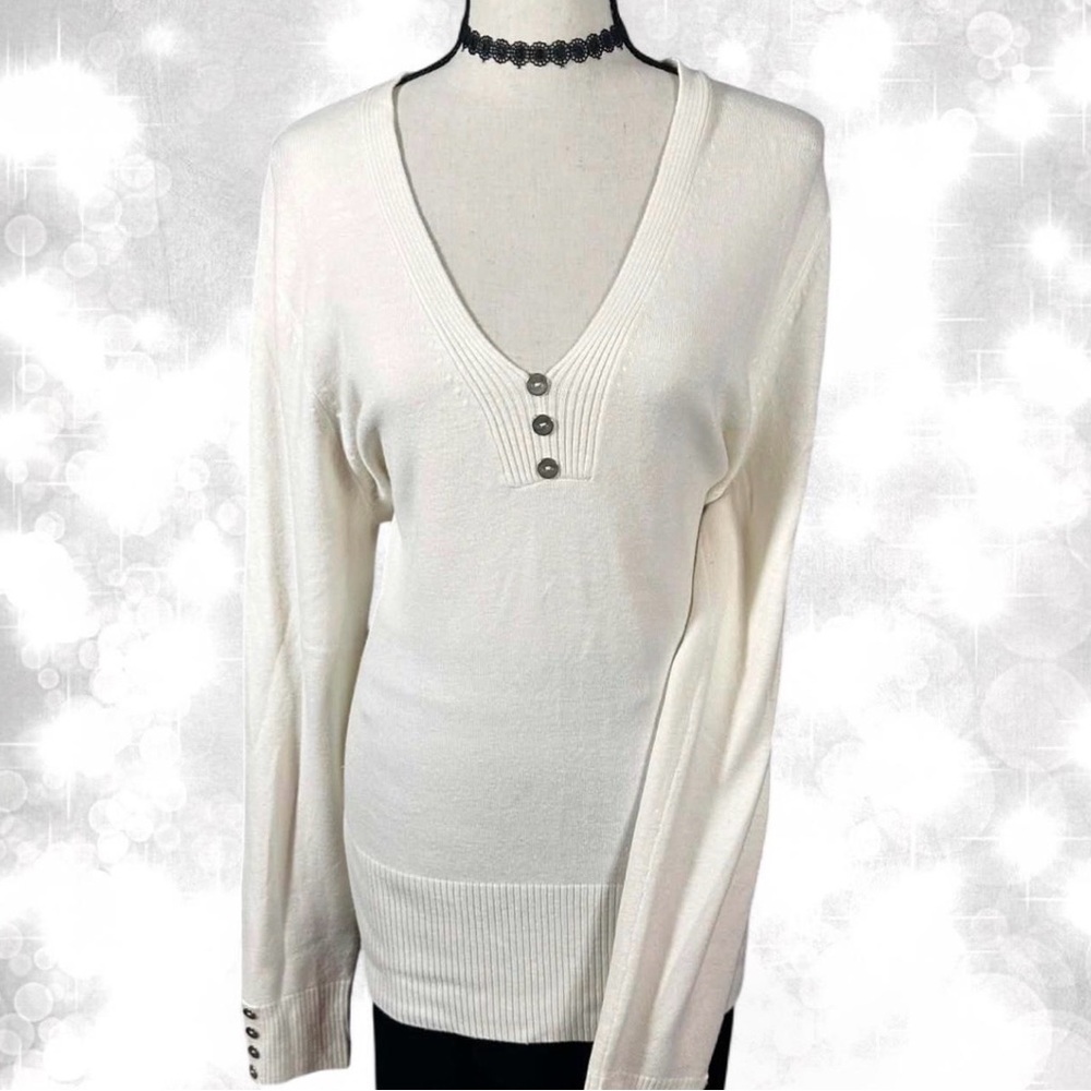 Preppy Chic Cream V-Neck Button Accent Sweater